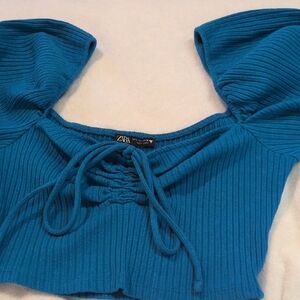 Zara Blue Puff Sleeve Ribbed Crop Blouse
